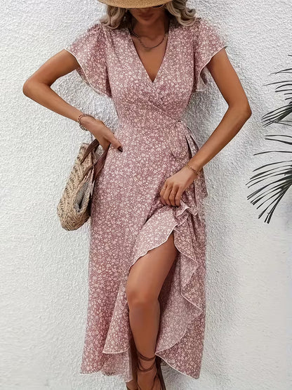 Skye | Floral Wrap Midi Dress with Ruffle Sleeves and Asymmetric Hem