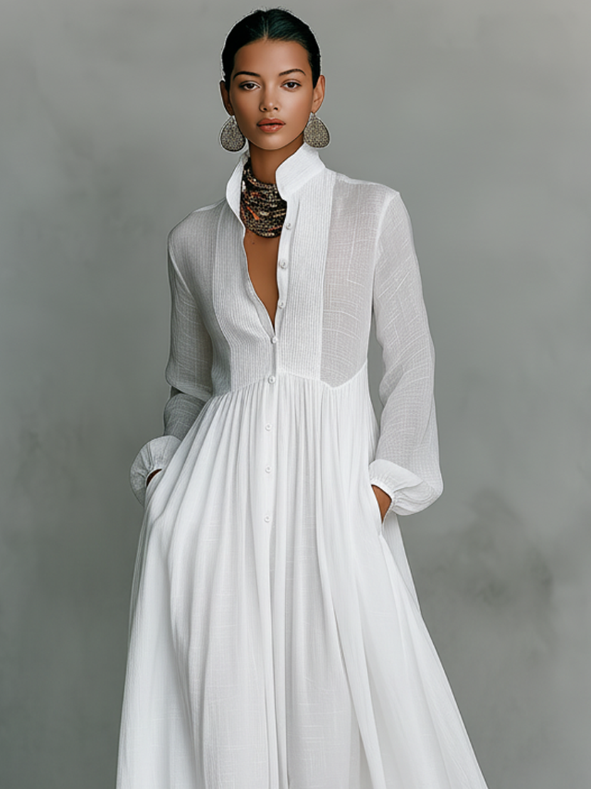 Patchwork Maxi Dress Stand Collar