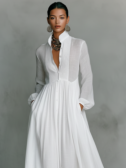 Patchwork Maxi Dress Stand Collar