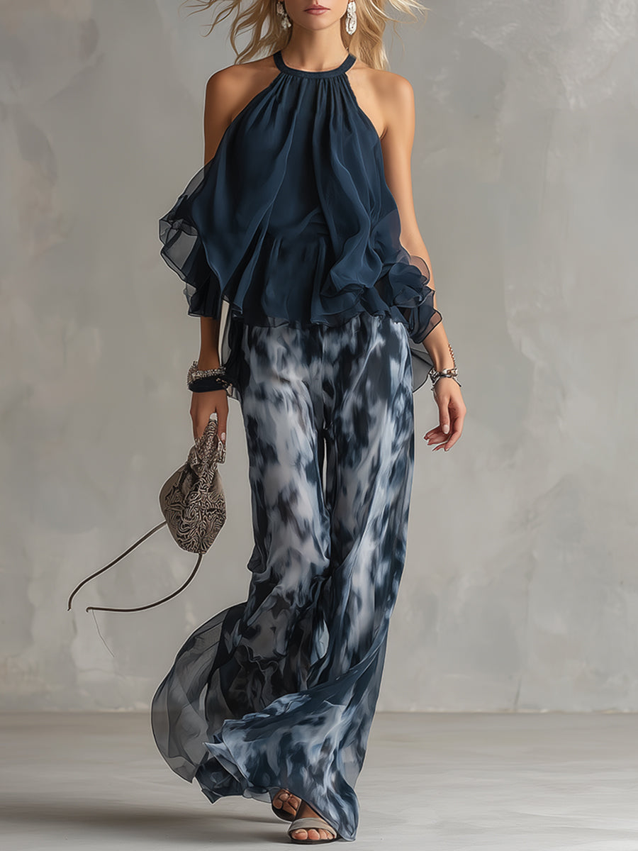 Serena | Elegant chiffon set with high-neck top and wide-leg patterned pants