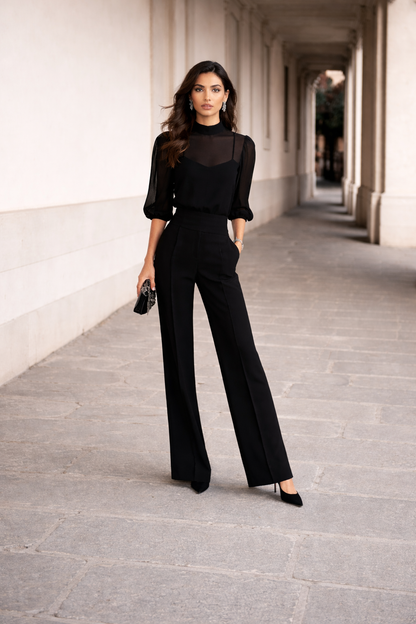 Valentina | Three-Piece Set Composed of a Sheer Camisole and Wide-Leg Pants.