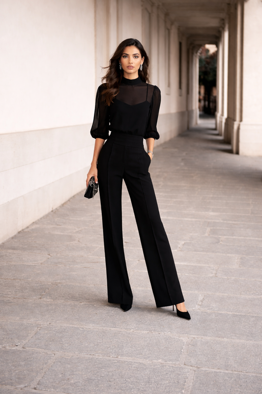 Valentina | Three-Piece Set Composed of a Sheer Camisole and Wide-Leg Pants.