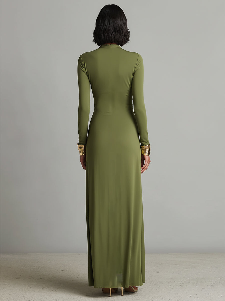 Olive Silk Maxi Dress with V-Neck