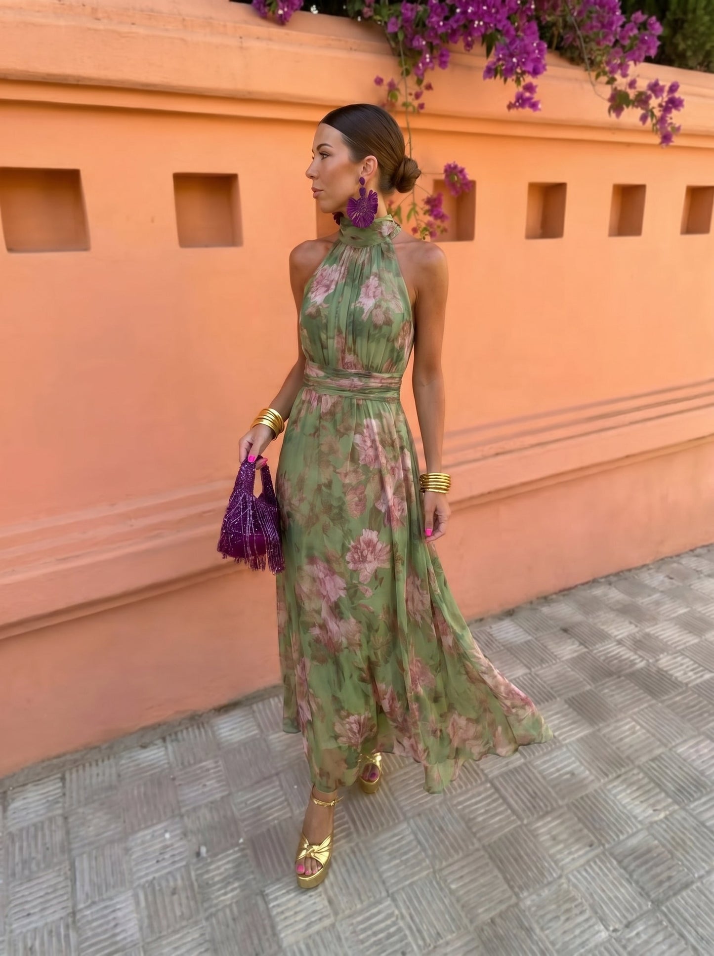 Florence — Long Floral Halter Dress Green