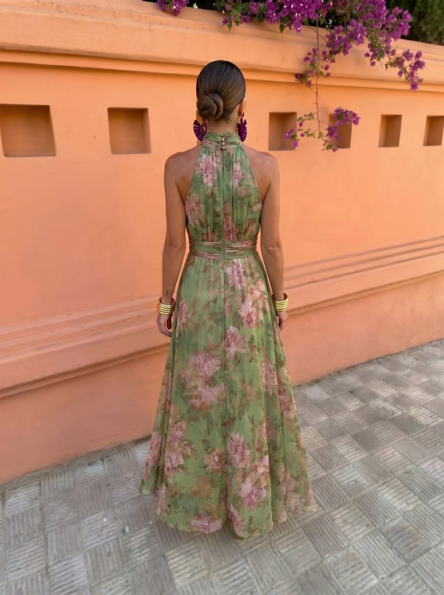 Florence — Long Floral Halter Dress Green