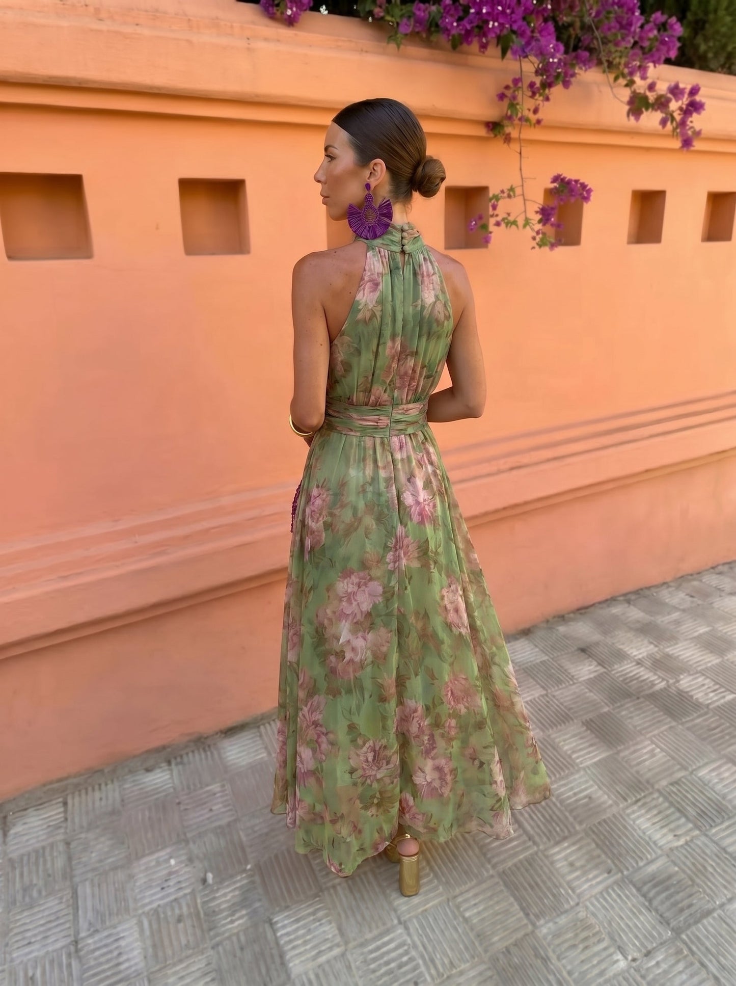 Florence — Long Floral Halter Dress Green