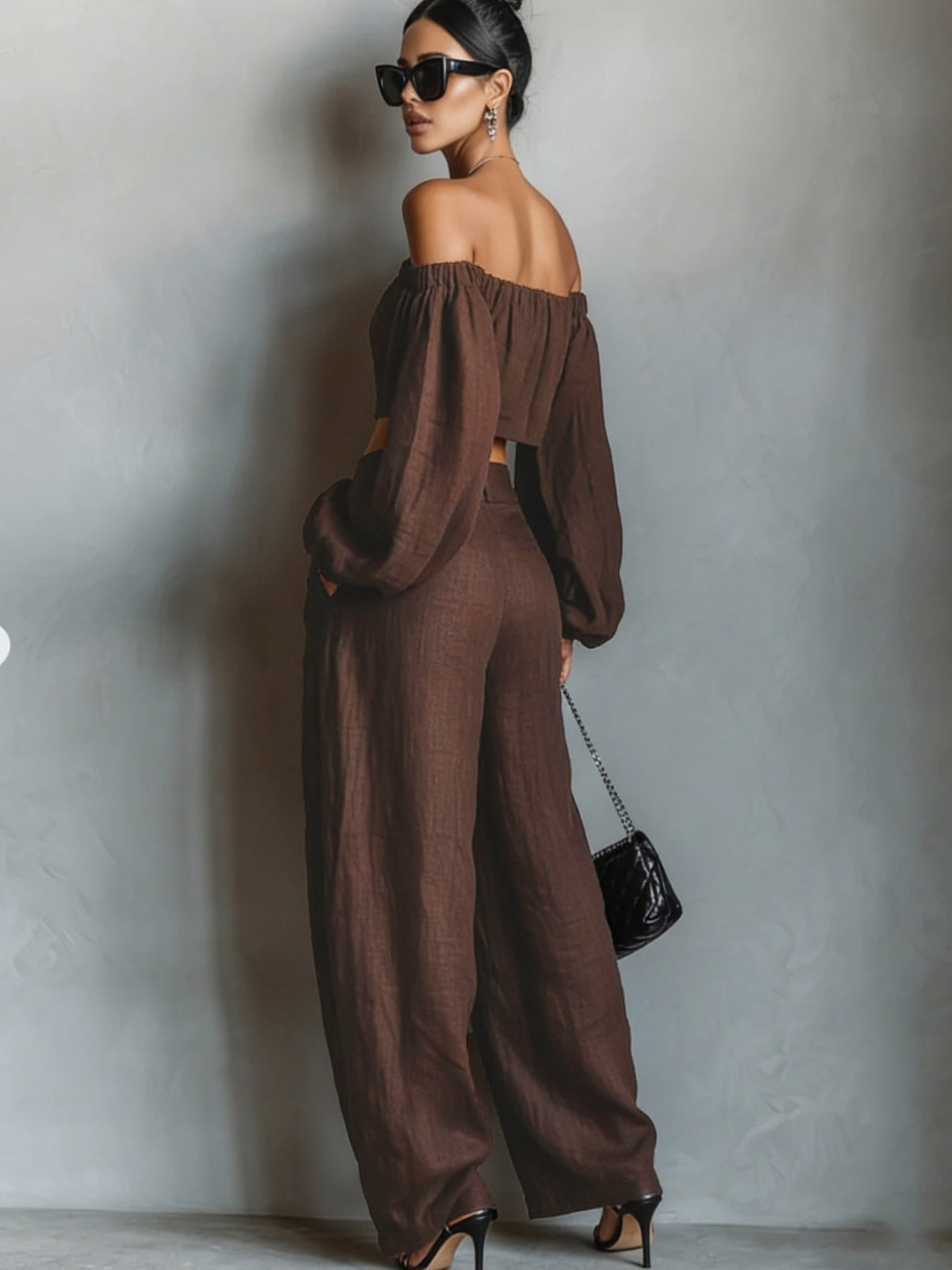 Tiana || Off-shoulder neckline outfit with wide pants