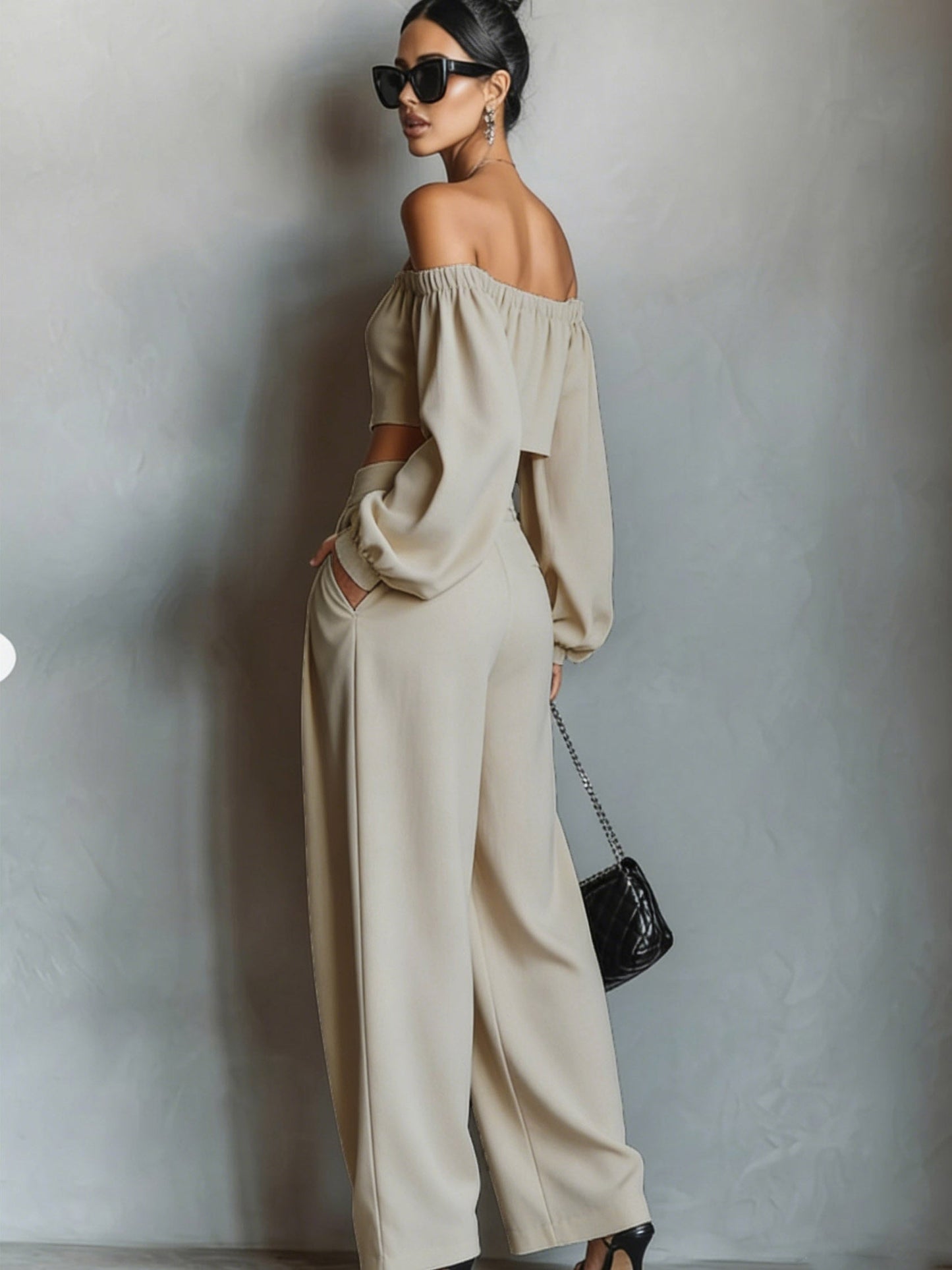 Tiana || Off-shoulder neckline outfit with wide pants
