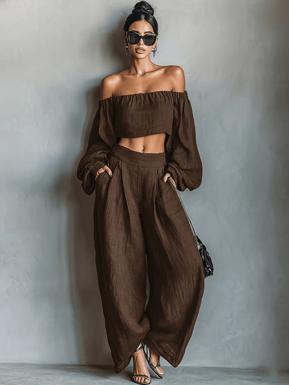 Tiana || Off-shoulder neckline outfit with wide pants
