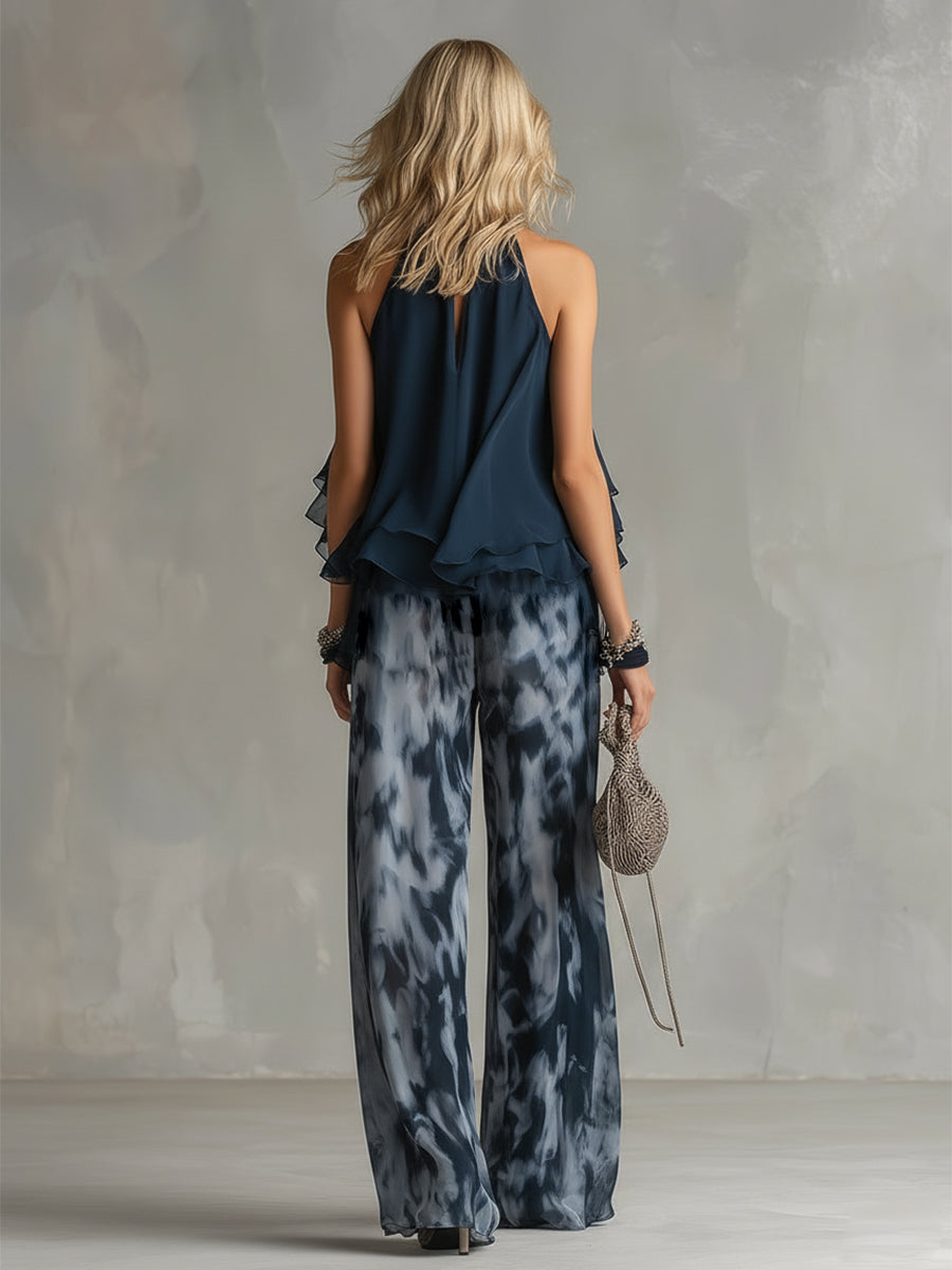 Serena | Elegant chiffon set with high-neck top and wide-leg patterned pants