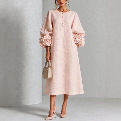 IVY | Floral Midi Dress with Rose-Cuff Sleeves