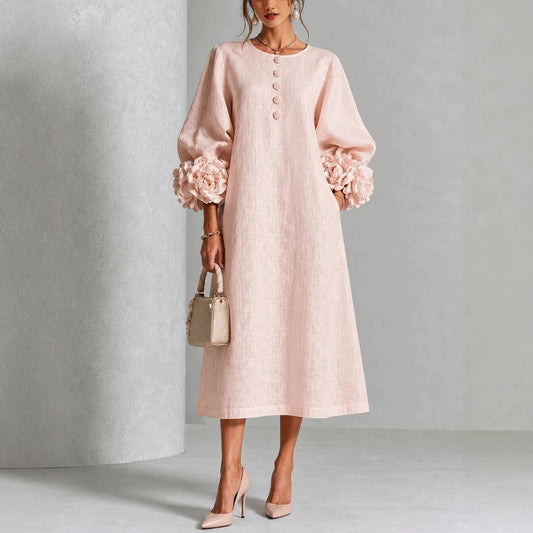IVY | Floral Midi Dress with Rose-Cuff Sleeves