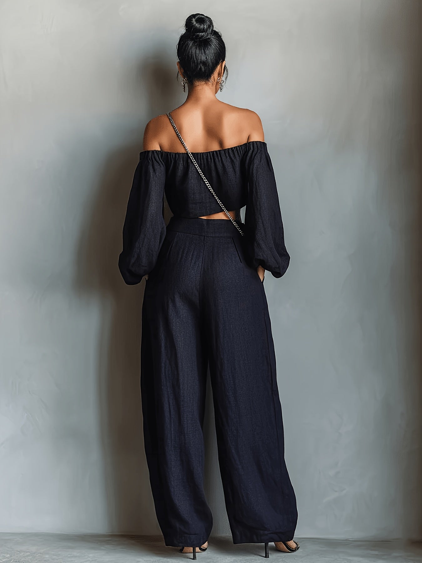 Tiana || Off-shoulder neckline outfit with wide pants