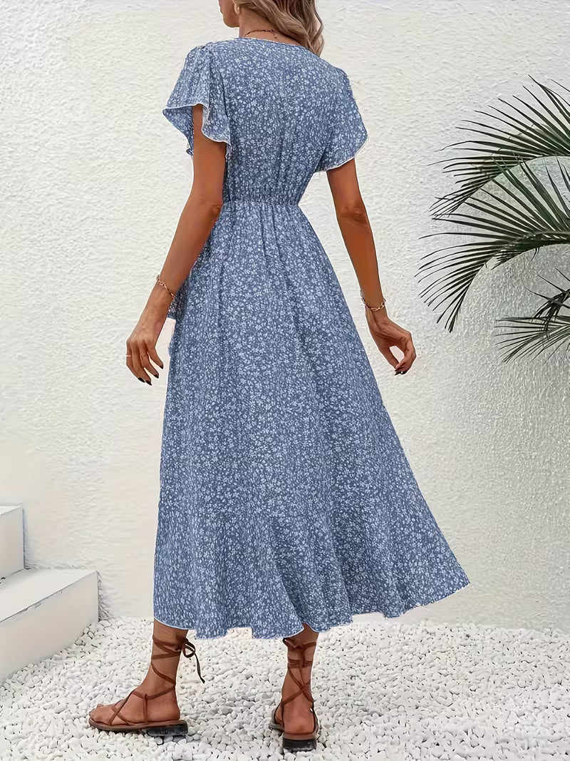 Skye | Floral Wrap Midi Dress with Ruffle Sleeves and Asymmetric Hem