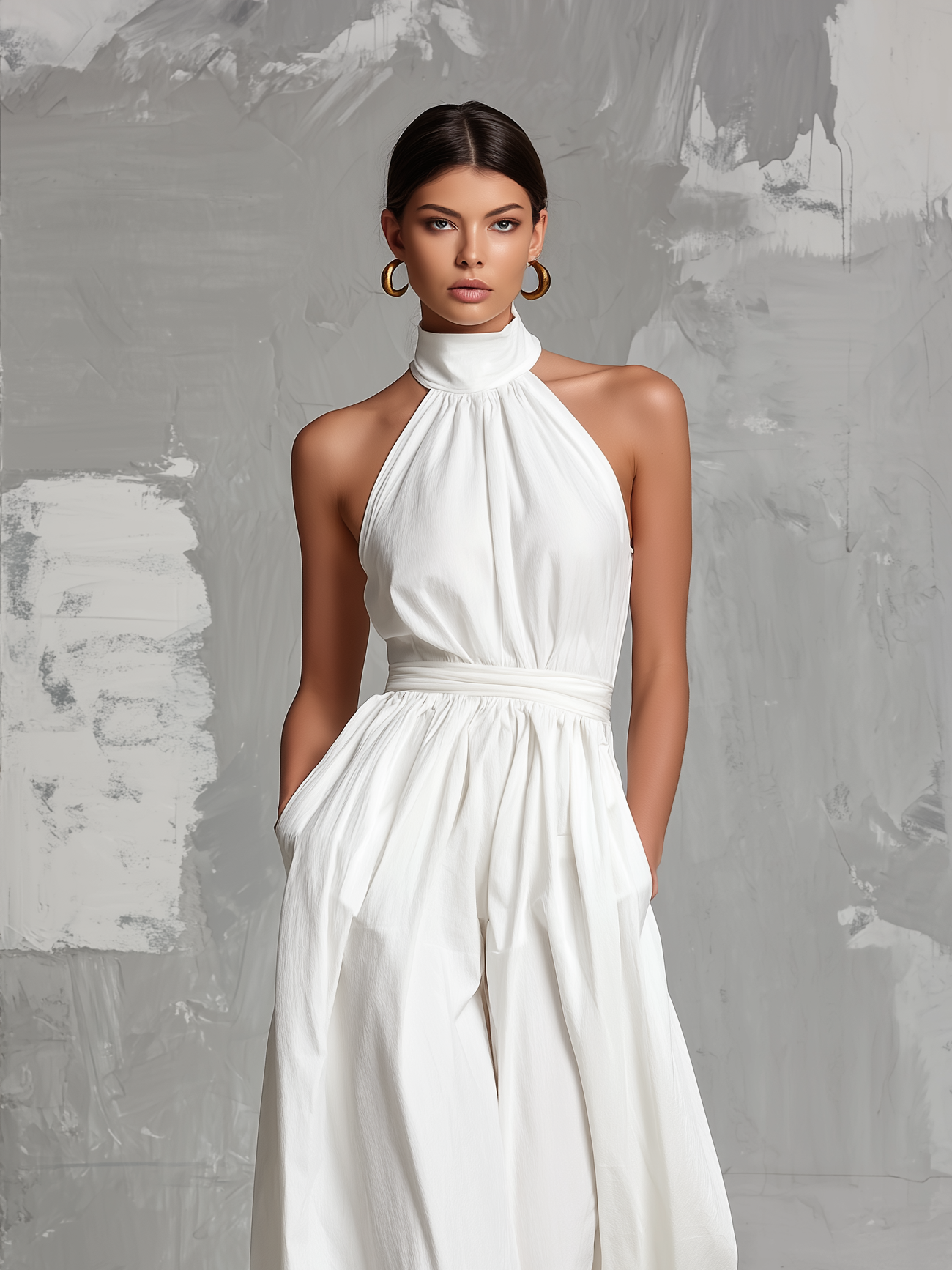 Fiamma | Elegant white jumpsuit in woven fabric with sleeveless halter neck