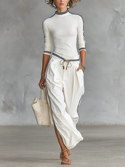 Two-Piece Set for Women: Long Sleeve High Neck Sports T-Shirt and Loose Pants with Drawstring