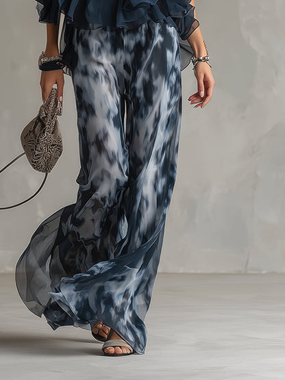Serena | Elegant chiffon set with high-neck top and wide-leg patterned pants