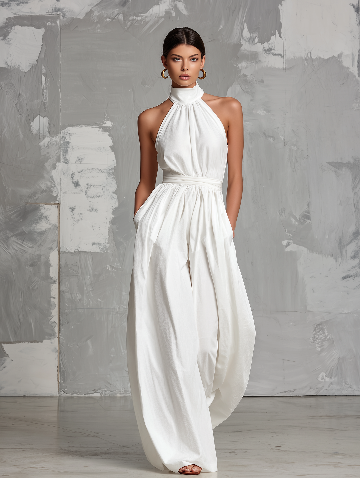 Fiamma | Elegant white jumpsuit in woven fabric with sleeveless halter neck