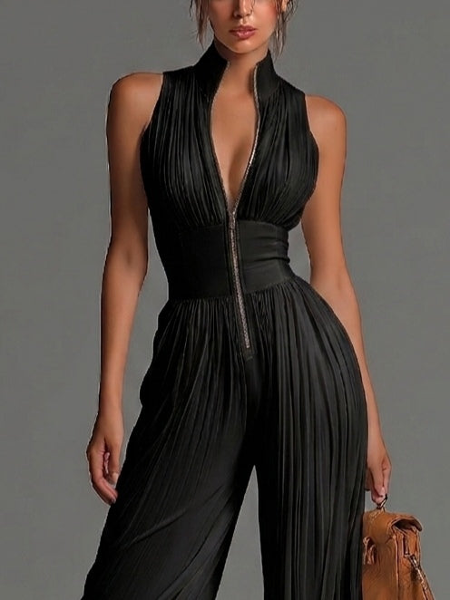Zsofia Jumpsuit - Pleated White Chiffon Jumpsuit