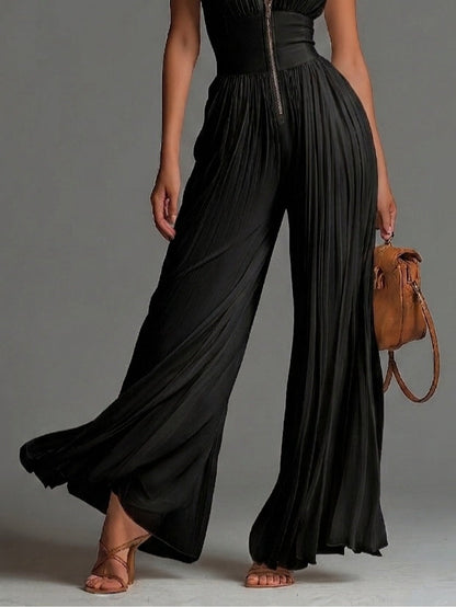 Zsofia Jumpsuit - Pleated White Chiffon Jumpsuit