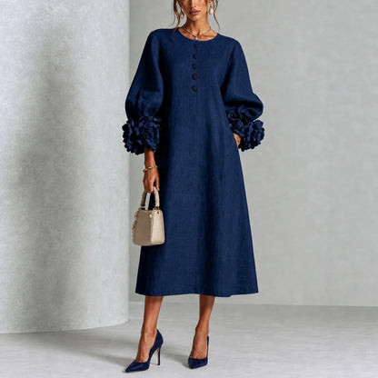 IVY | Floral Midi Dress with Rose-Cuff Sleeves
