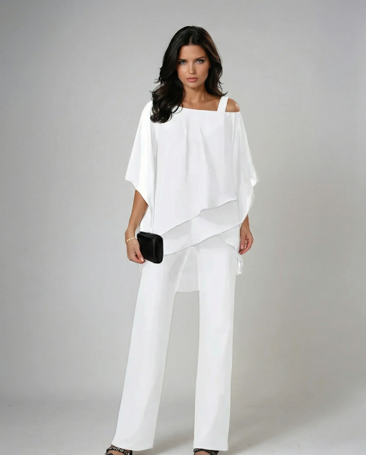 Loretta | Cotton and Canvas Set with Batwing Sleeve Top and Wide Pants