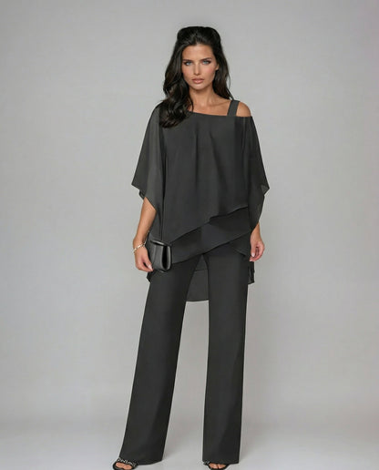 Loretta | Cotton and Canvas Set with Batwing Sleeve Top and Wide Pants