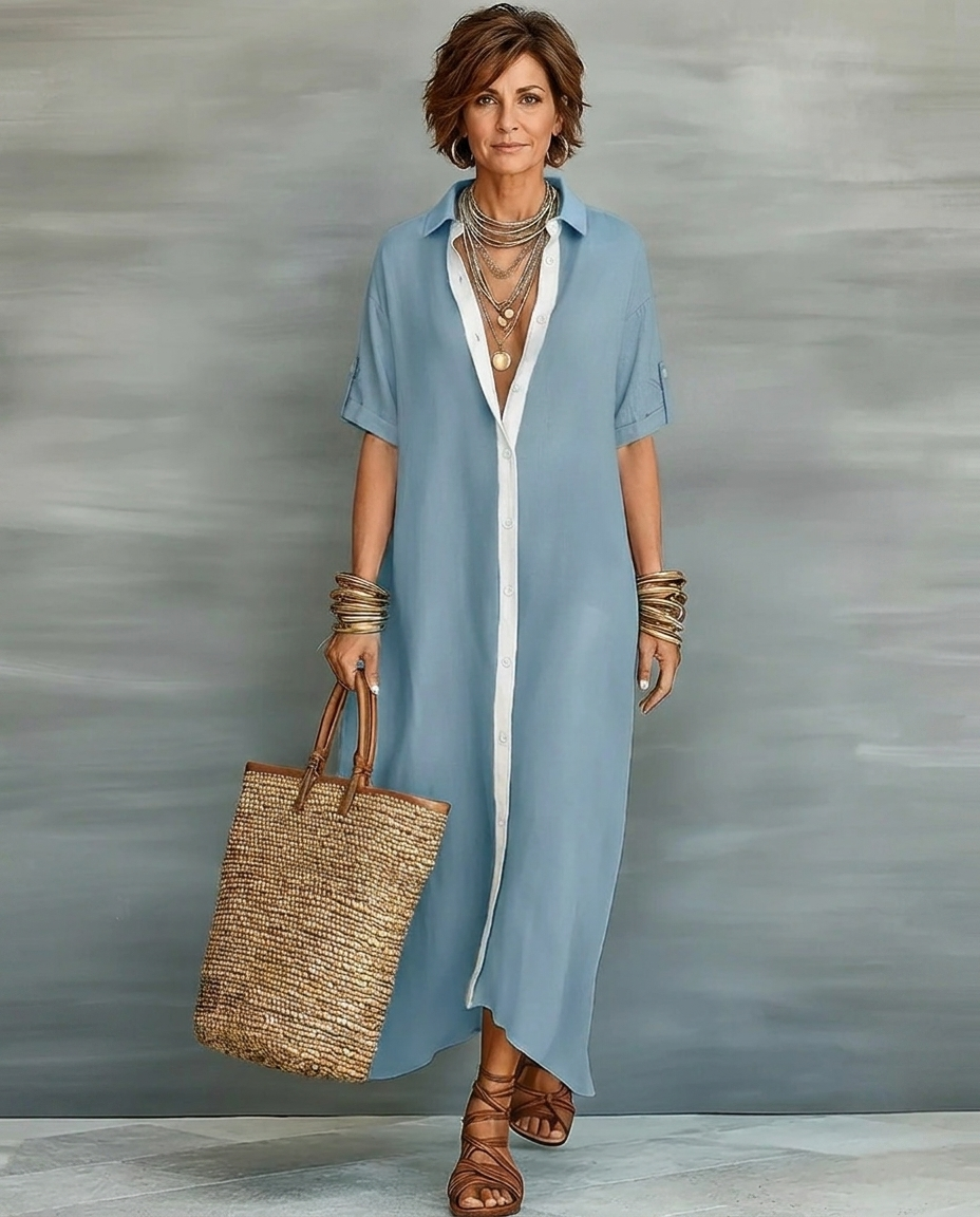 SAGE | Linen Shirt Maxi Dress Short Sleeve Minimalist Casual Style