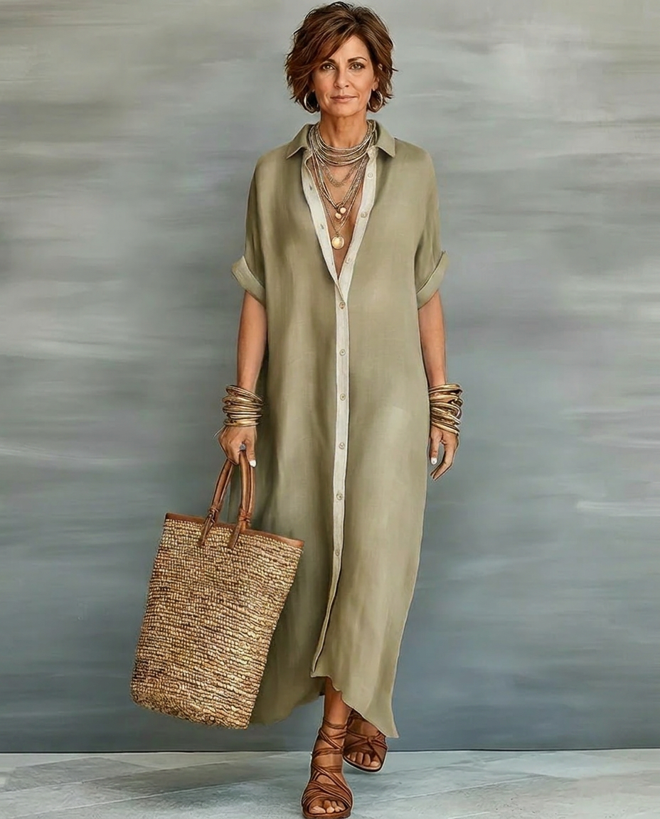 SAGE | Linen Shirt Maxi Dress Short Sleeve Minimalist Casual Style
