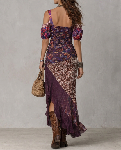 Purple Urban Nomadic Leopard Print Floral High-slit Maxi Dress