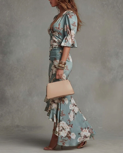Green Floral Ruffled Bell Sleeve V-neck Satin Asymmetrical Maxi Dress