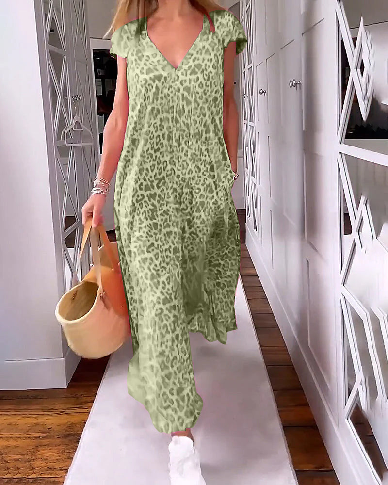 TALIA | Long Printed Dress with V-Neck and Short Sleeves for a Boho Summer Look