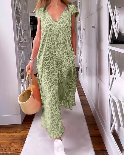 TALIA | Long Printed Dress with V-Neck and Short Sleeves for a Boho Summer Look