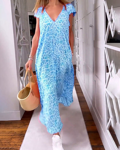 TALIA | Long Printed Dress with V-Neck and Short Sleeves for a Boho Summer Look
