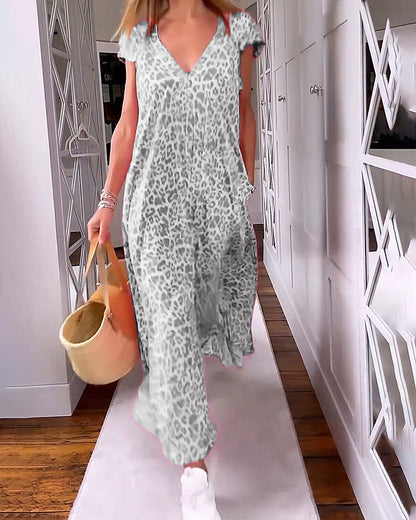 TALIA | Long Printed Dress with V-Neck and Short Sleeves for a Boho Summer Look