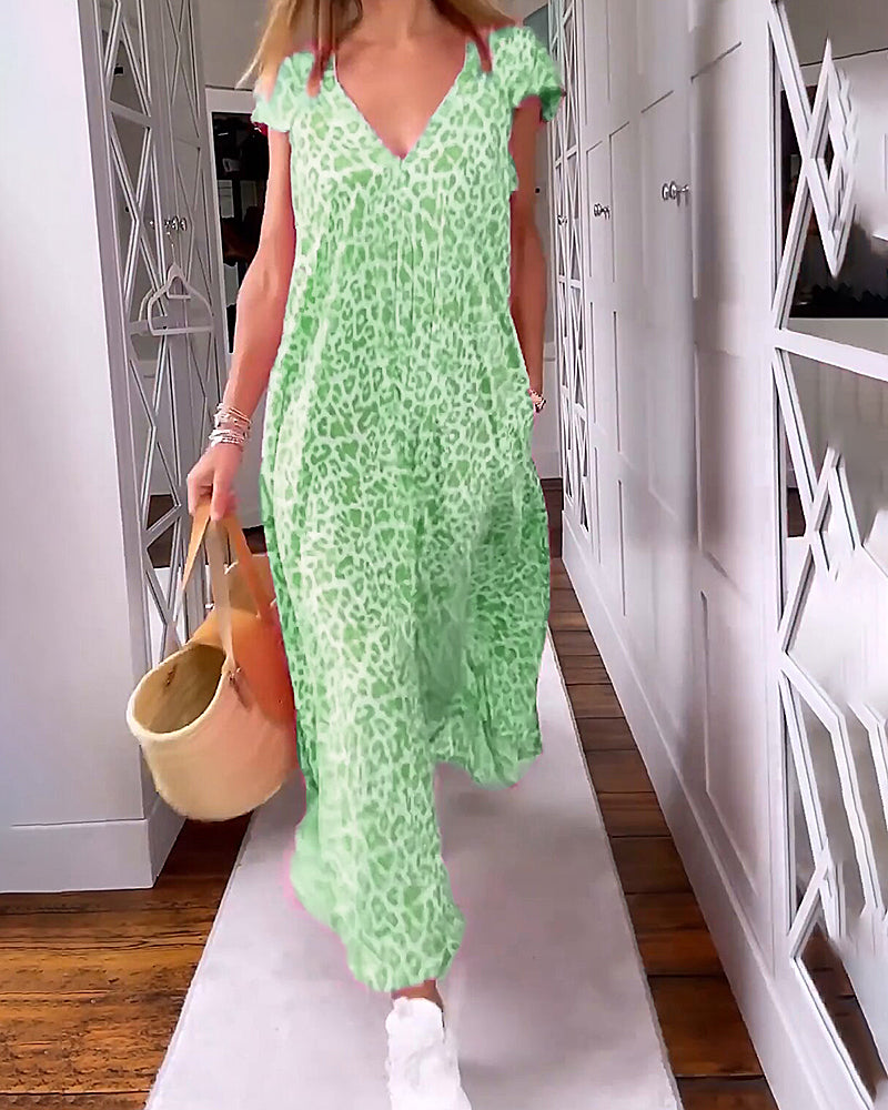 TALIA | Long Printed Dress with V-Neck and Short Sleeves for a Boho Summer Look
