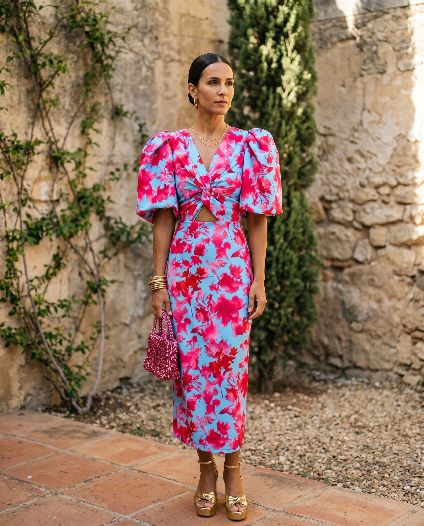 Carla | Printed Midi Dress with Puff Sleeves