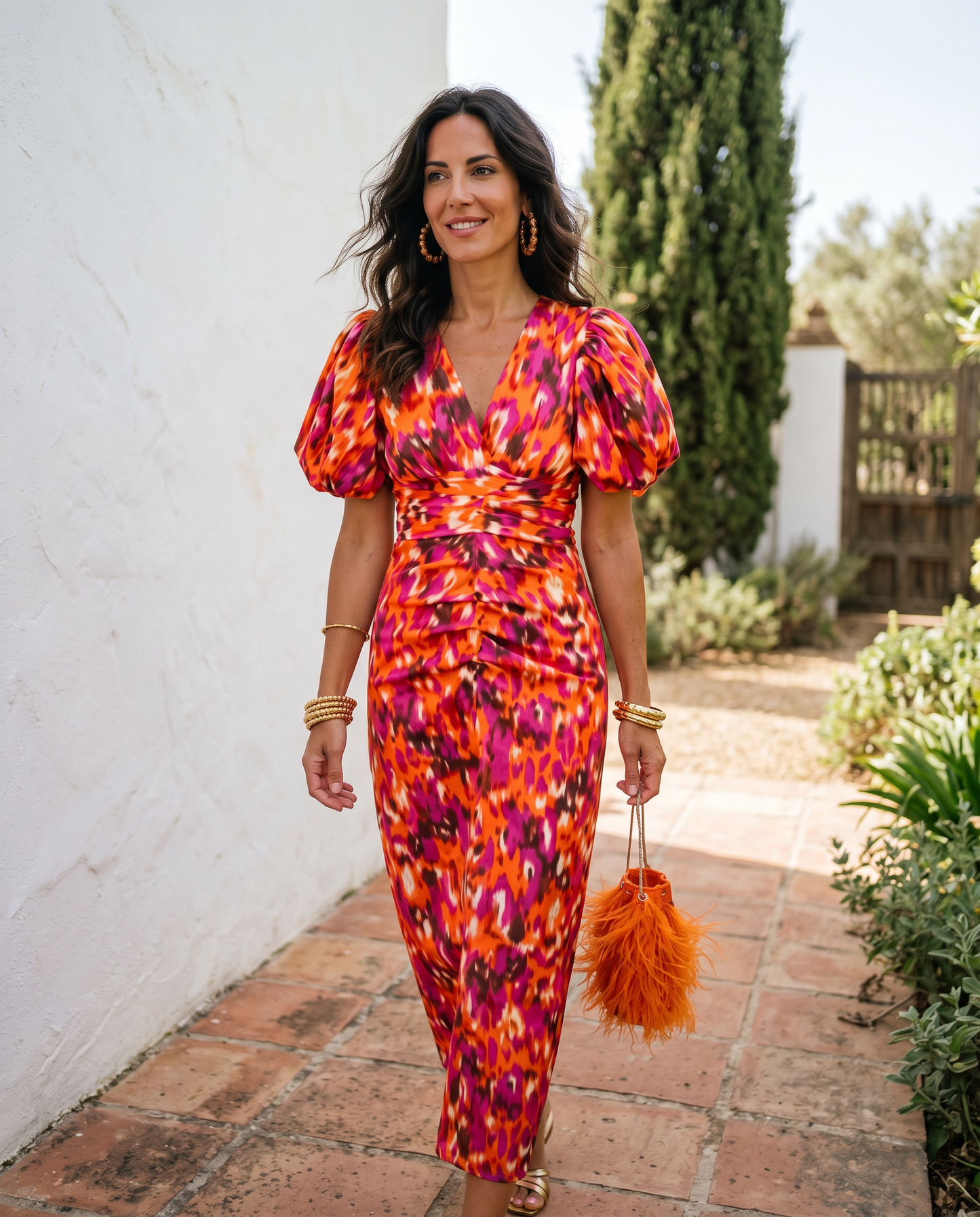 Carla | Printed Midi Dress with Puff Sleeves