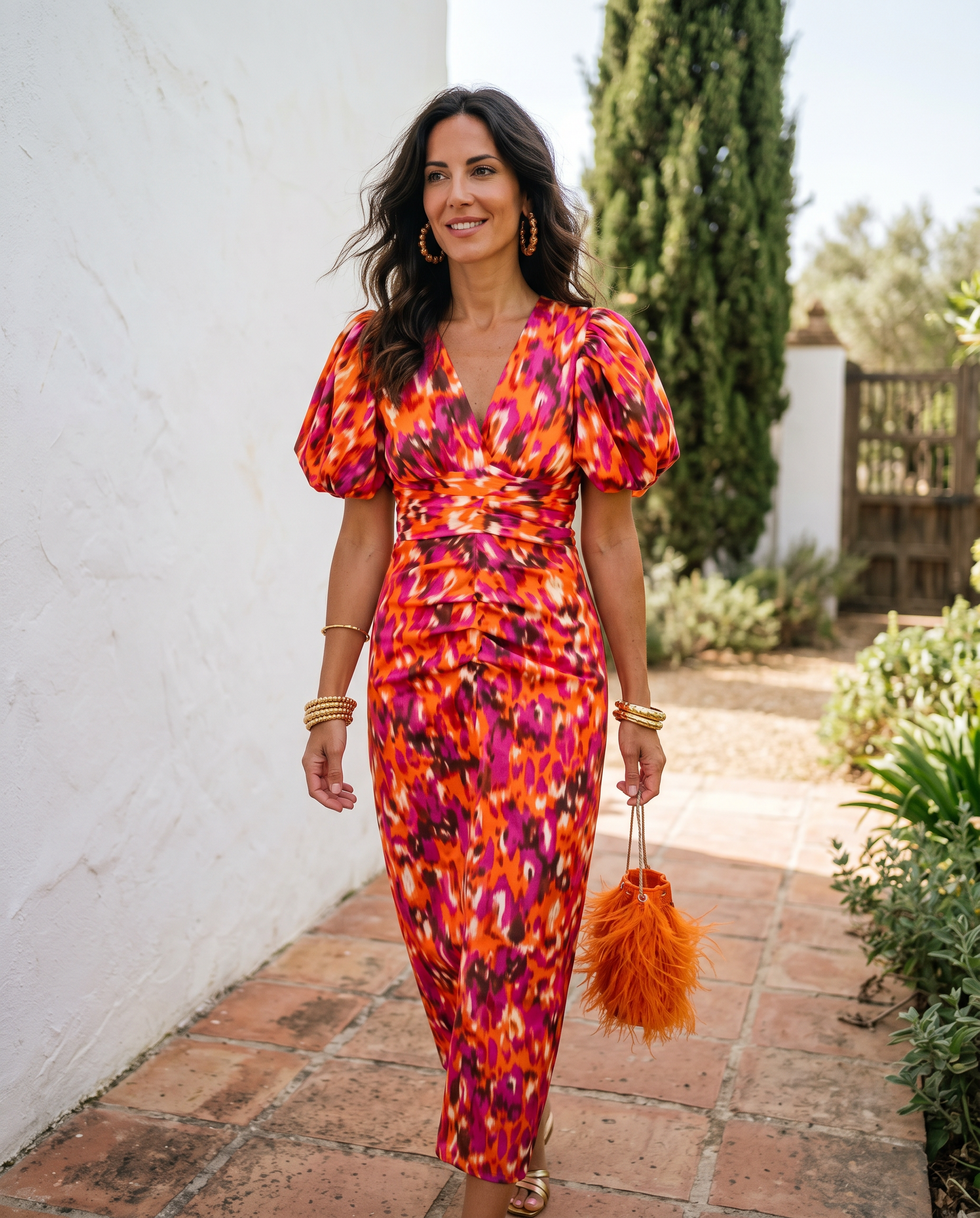 Carla | Printed Midi Dress with Puff Sleeves