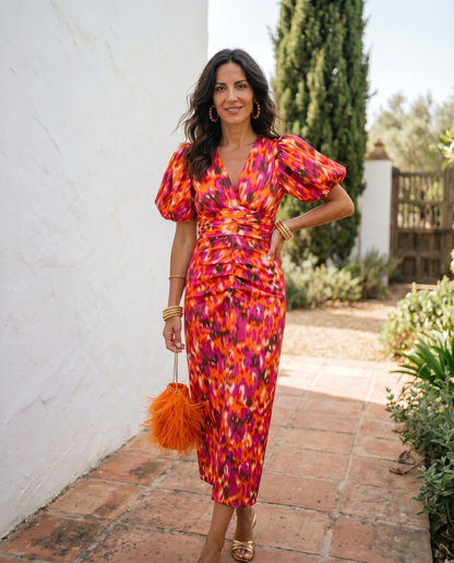 Carla | Printed Midi Dress with Puff Sleeves