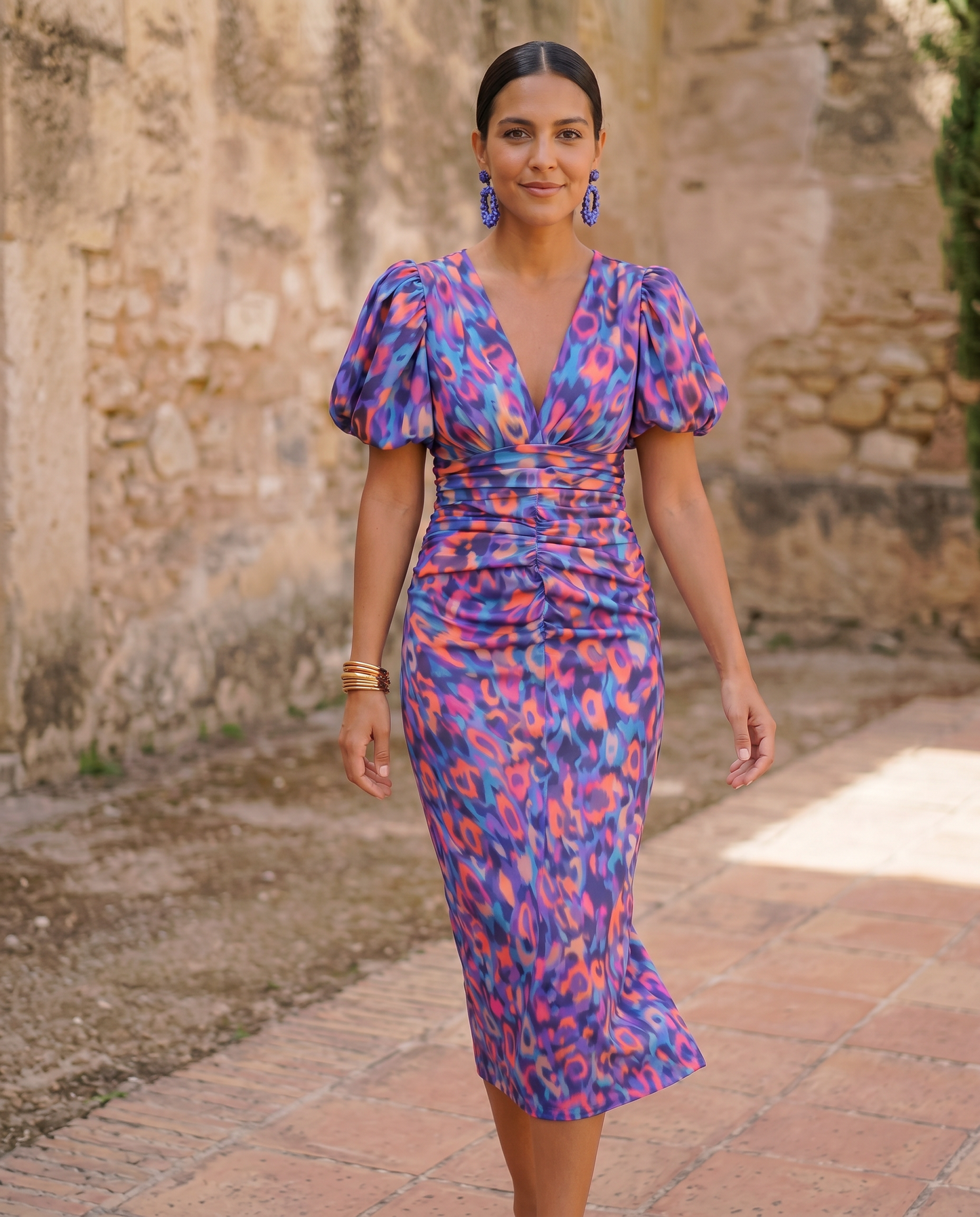 Carla | Printed Midi Dress with Puff Sleeves
