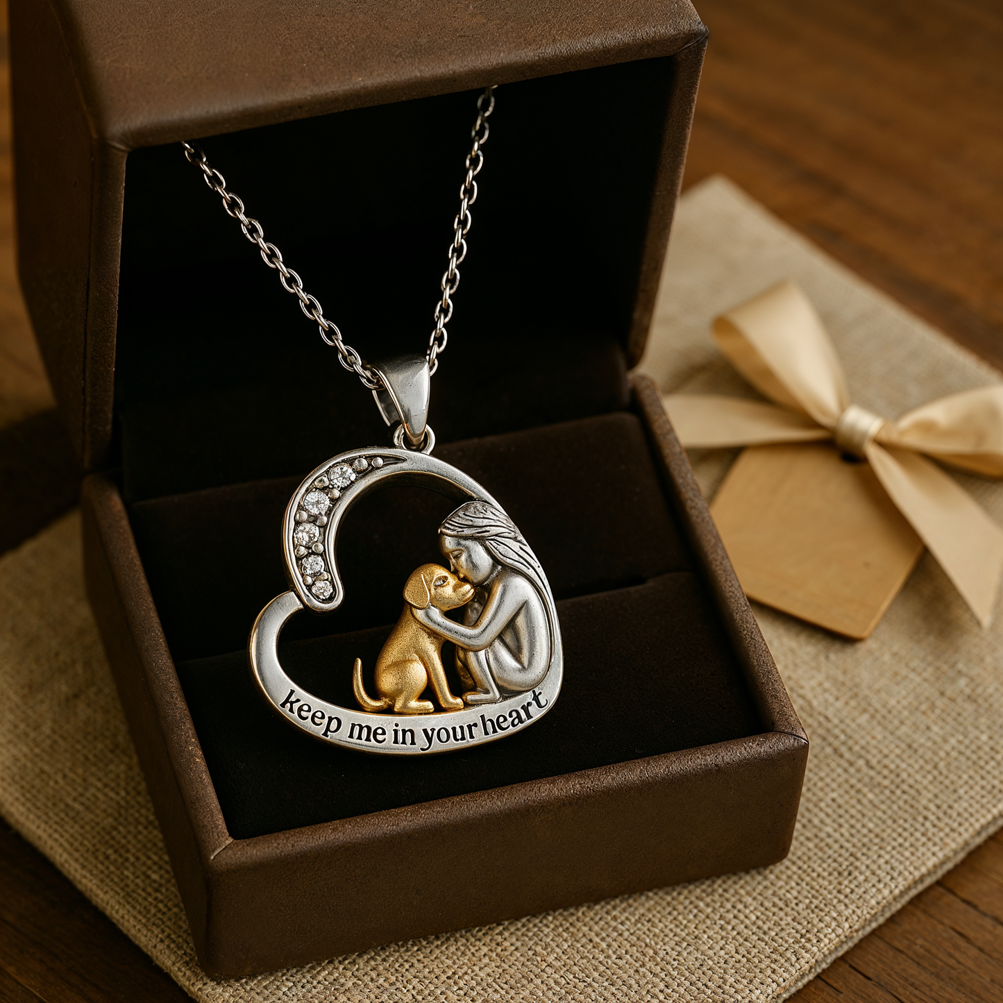 Silver heart necklace with dog and zirconia stones