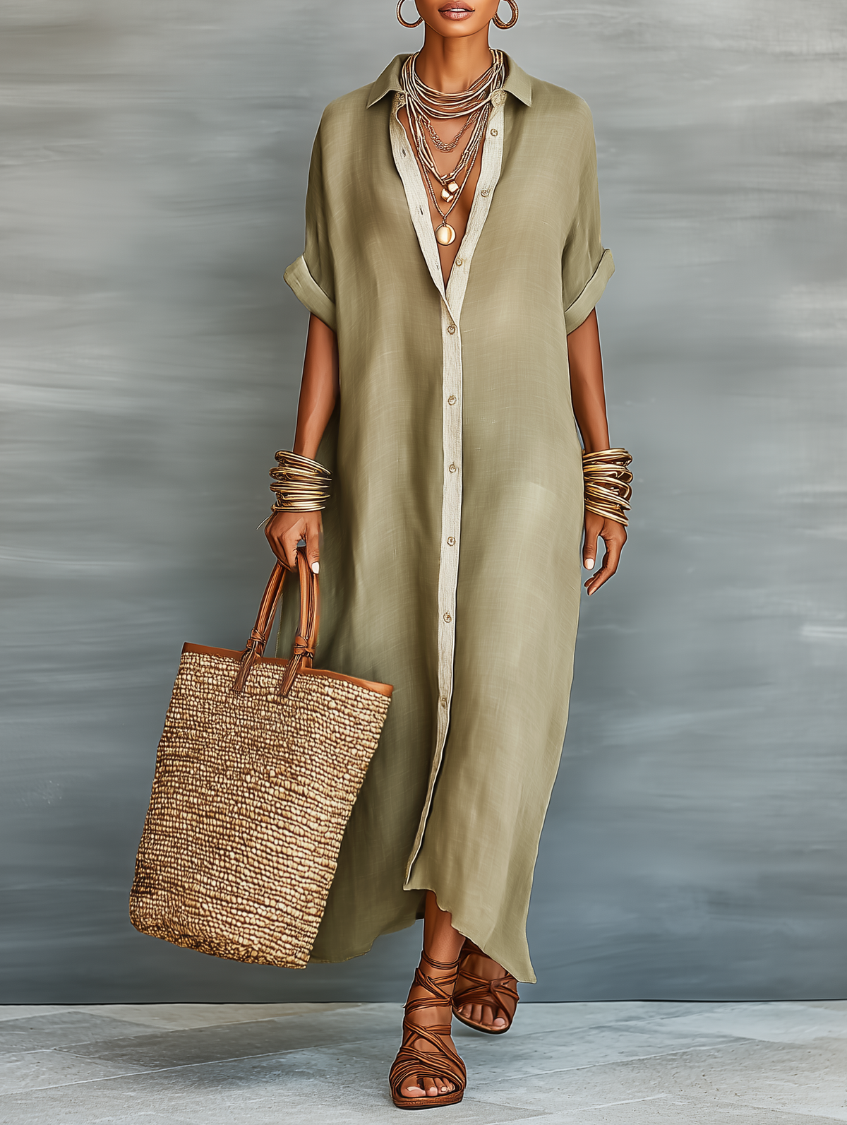 SAGE | Linen Shirt Maxi Dress Short Sleeve Minimalist Casual Style