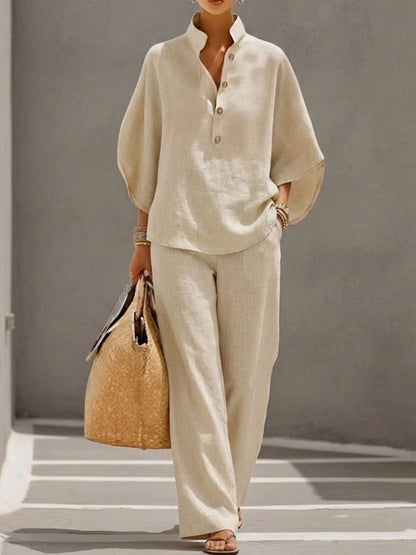 Eszter™ | Cotton and Canvas Set with Batwing Sleeves and Wide-Leg Pants
