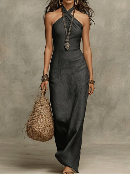 Adelina | Long Voluminous Dress in Cotton and Linen, American Collar