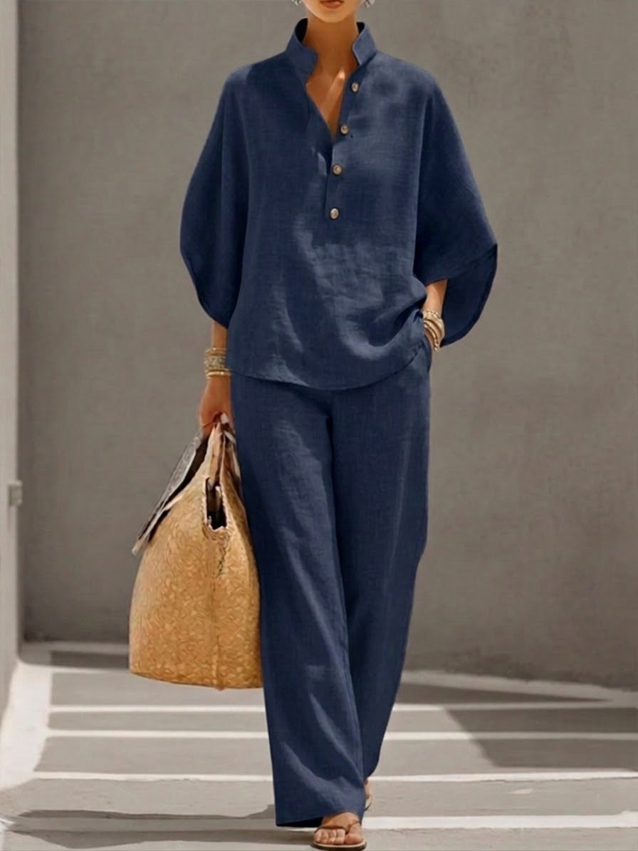 Eszter™ | Cotton and Canvas Set with Batwing Sleeves and Wide-Leg Pants