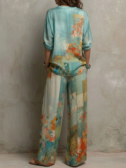 Chiara | Elegant set with floral print and wide-leg pants