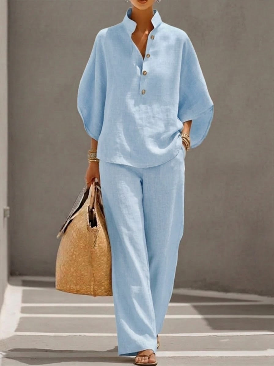 Eszter™ | Cotton and Canvas Set with Batwing Sleeves and Wide-Leg Pants