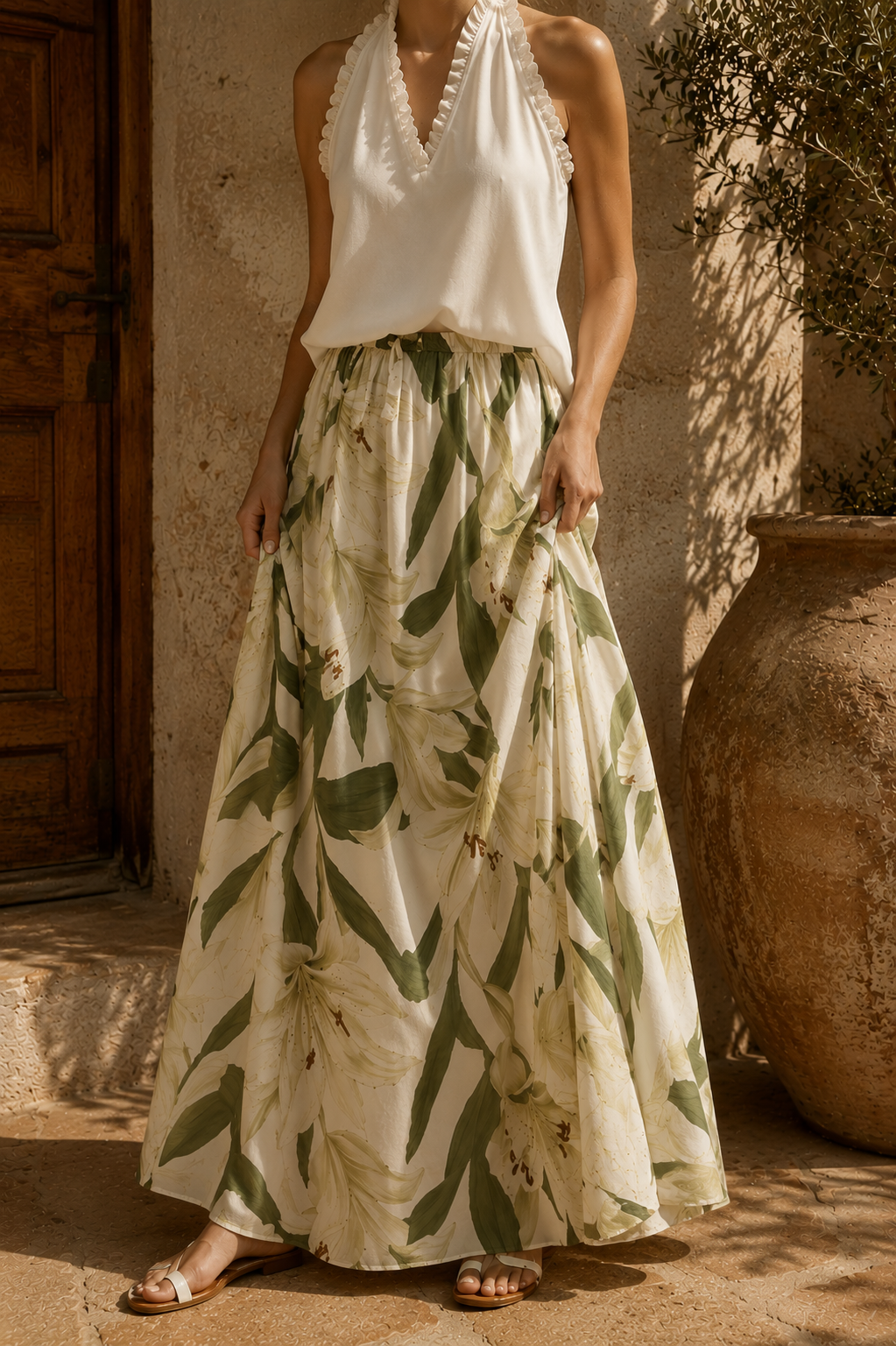 Summer Set with Halter Top and Long Floral Skirt