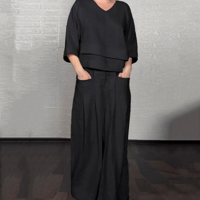 Liza - 2-Piece Cotton and Canvas Set - V-Neck Top and Wide-Leg Pants